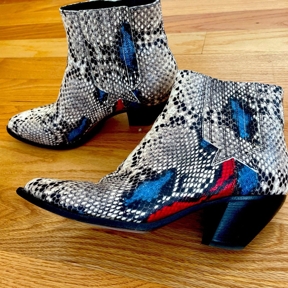 Golden Goose Snakeskin Western Ankle Booties with red and blue accents